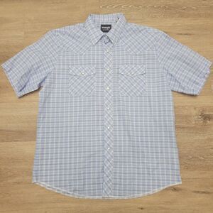 Wrangler Short Sleeve Western Shirt Pearl Snap Light Blue Plaid XL